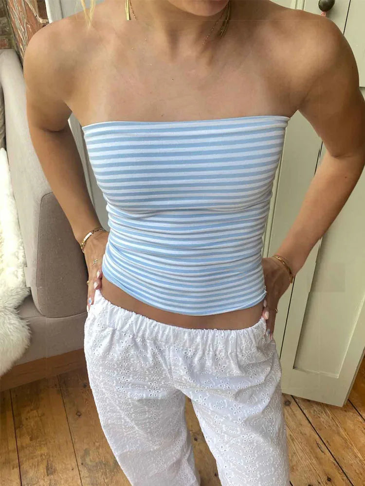 Women's Strapless Cropped Tube Top Off-Shoulder Backless Mini Vest Summer Party Club Striped/Solid Short Tank 2025 New