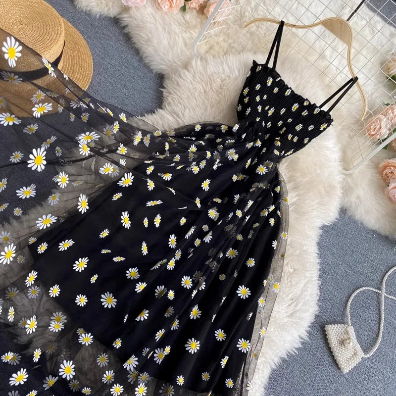 YuooMuoo Women Dress 2025 New Korean Fashion Floral Print Spaghetti Straps Mesh Party Dress Vacation Style Lady Beach Vestidos