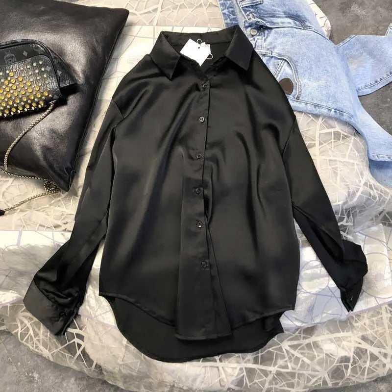 Autumn Casual Women's Satin Shirt All-Match Basic Solid Color Office Lady's Top Trendy Multicolor Shirts And Blouses Chic Top