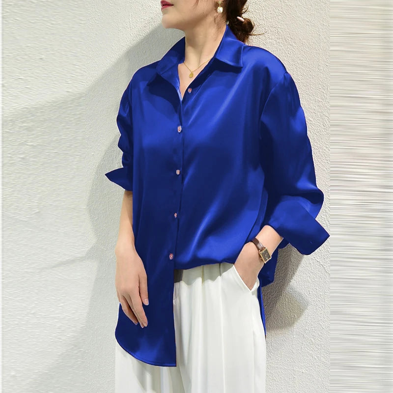 French Elegant Women Satin Glossy Shirt Summer Solid Loose Long Sleeve Blouses Office Lady's All-Match Shirt Vintage Casual Top
