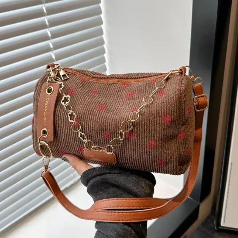 Women Small Underarm Bag Corduroy Handbag Cute Strawberry Print Little Tote Half Moon Design Eco Cloth Purse Mini Shoulder Bags