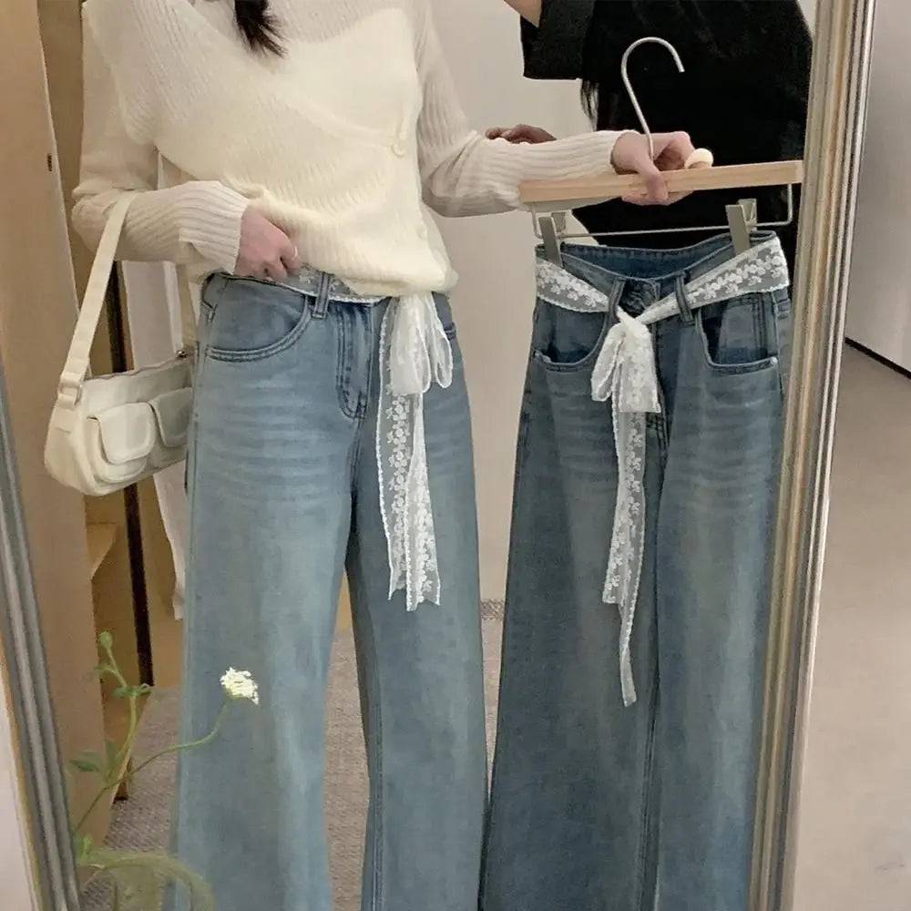 Unique Y2k Long Lace Waistband Bow Thin Lace Waist Belt Floral Tie Up Dress Jeans Belt Streetwear
