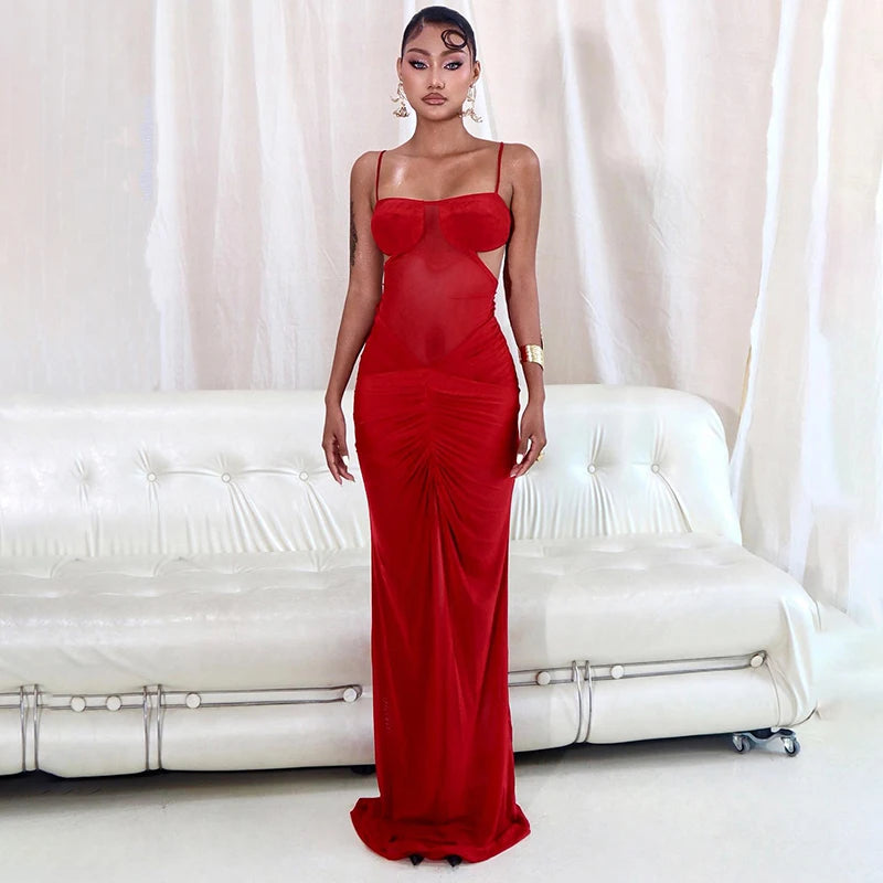 Sexy Off Shoulder Mesh See Through Maxi Dress Women Backless Ruched Elegant Gown 2025 Summer Night Prom Birthday Outfits