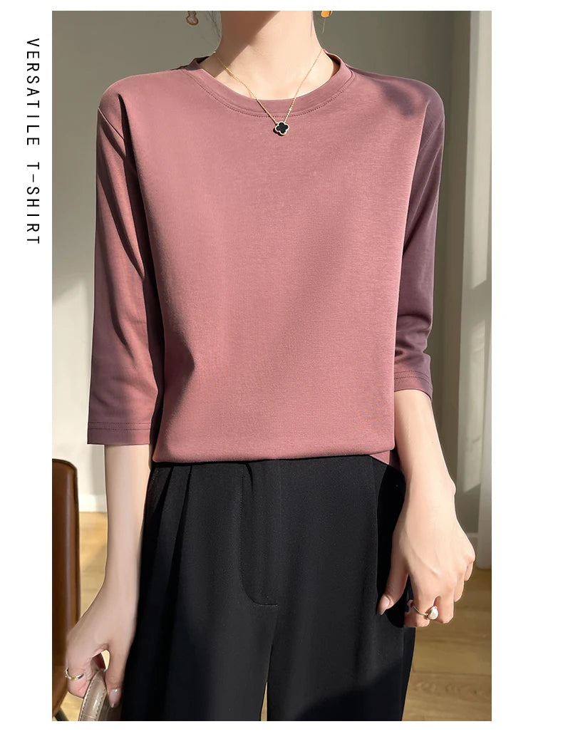 Spring And Summer New White Mercerized Cotton Short Sleeve T-Shirt Feminine Joker Cotton Cropped Sleeve Bottoming Shirt
