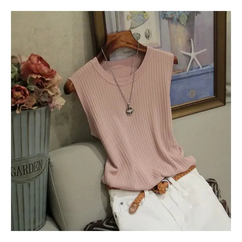 Korea Knitted Vests Women Top Summer Sleeveless Blouse Women O-neck Knitted Blouse Shirt Clothes Women Tops
