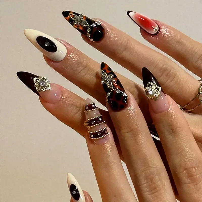 24Pcs False Nails Spicy Girl Silver Bow with Diamond Fake Nails with Glue Almond Press on Nails Black Cool Y2k Almond Nail Set