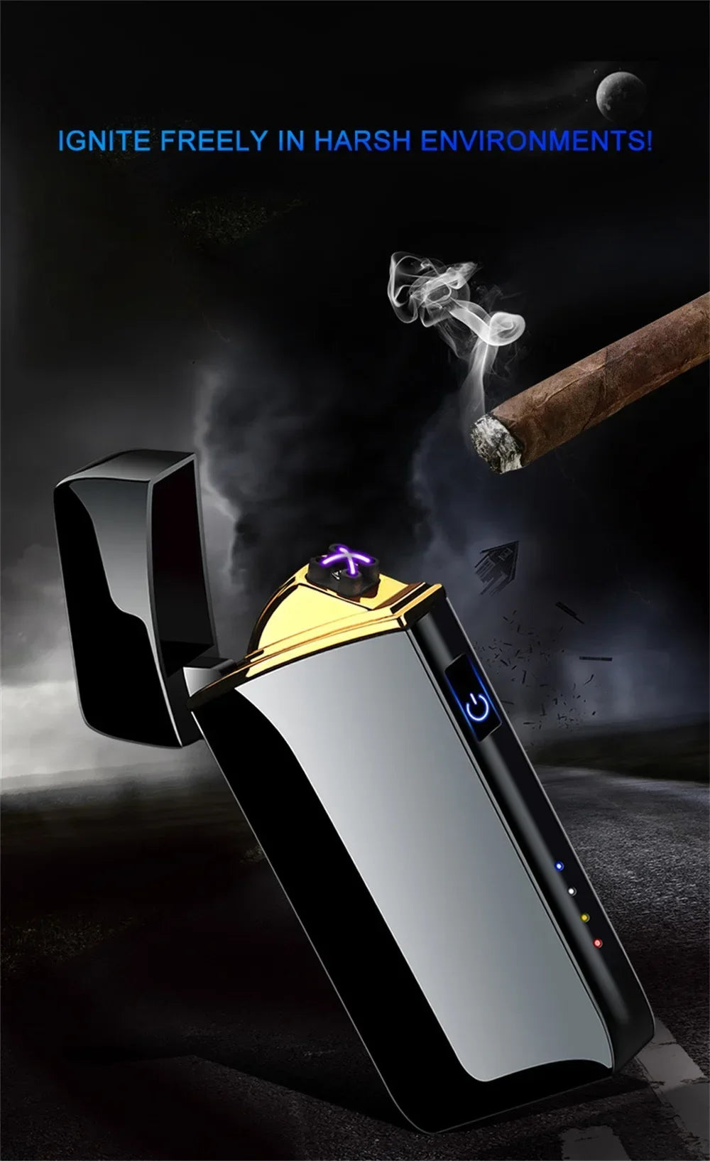 2024 New Windproof Electric Metal Lighter Double Arc Flameless Plasma Lighter USB Rechargeable LED Power Display Touch Sensor