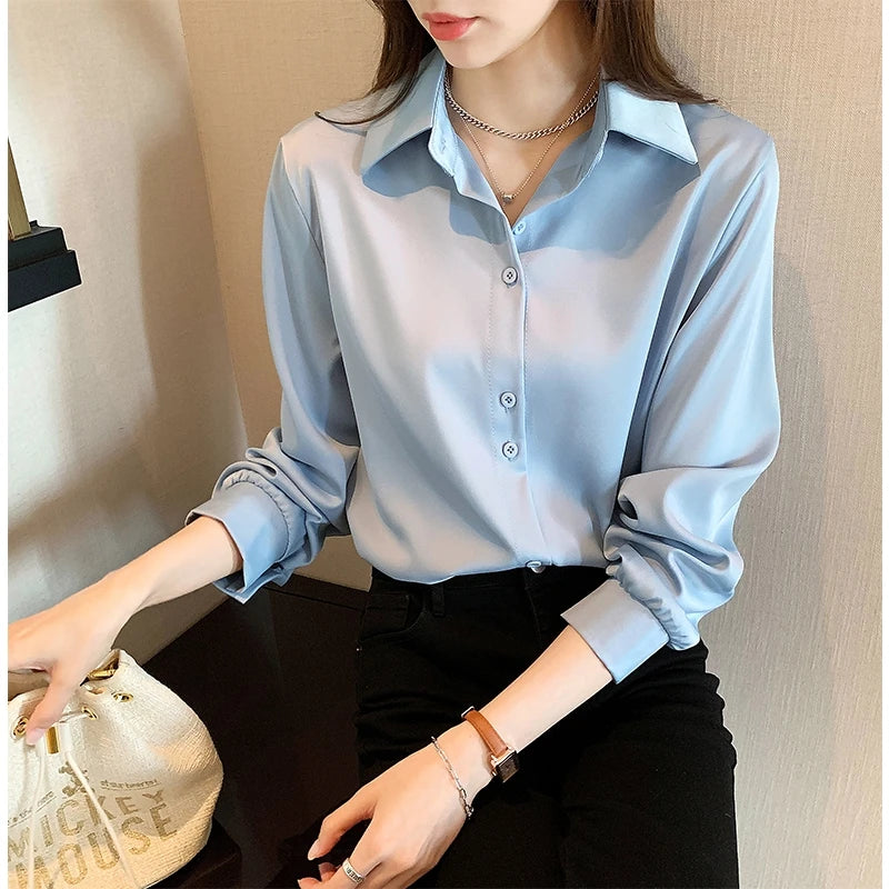 Spring Autumn Casual Chiffon Shirt Women Office Lady Shirts Fashion Female Long Sleeve Loose Solid Blouse Tops S-4XL