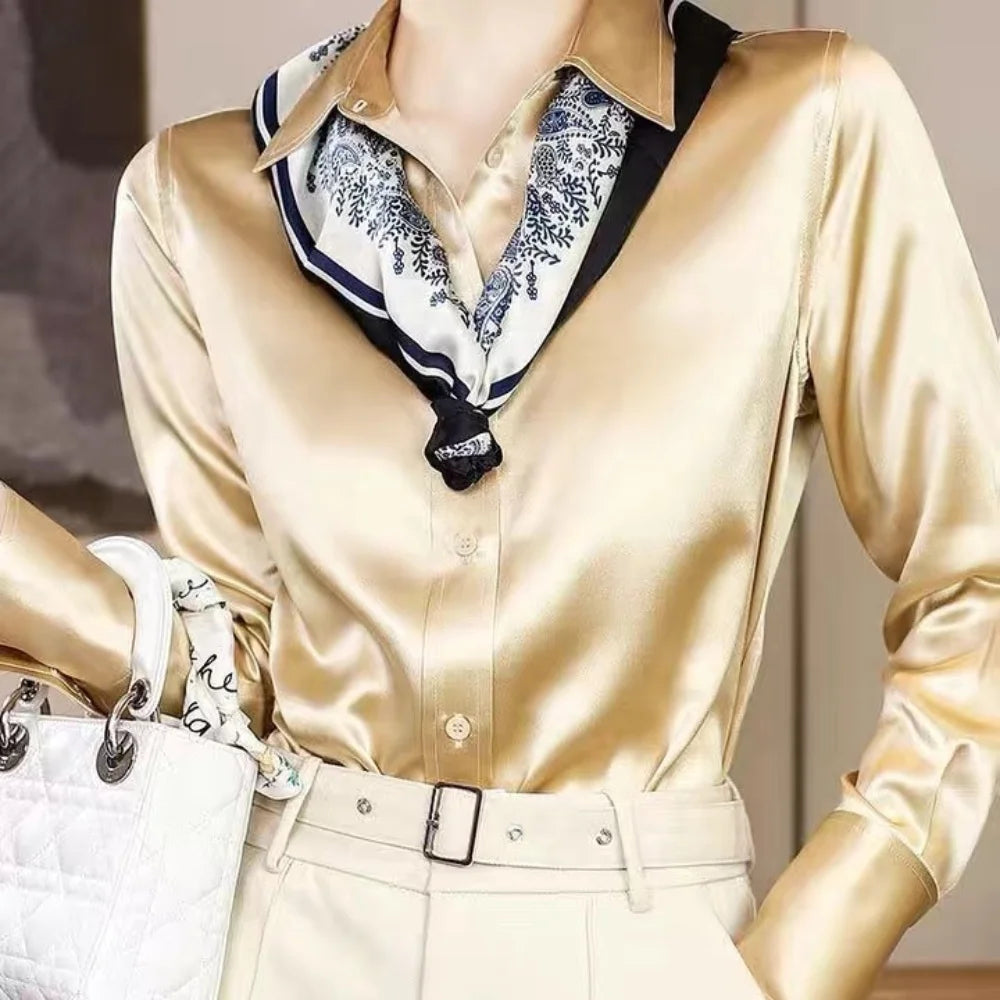 Solid Color Elegant Office Lady's Satin Shirt All-Match Trendy Women Shirts And Blouses Basic Chic Top Autumn French Chic Shirt