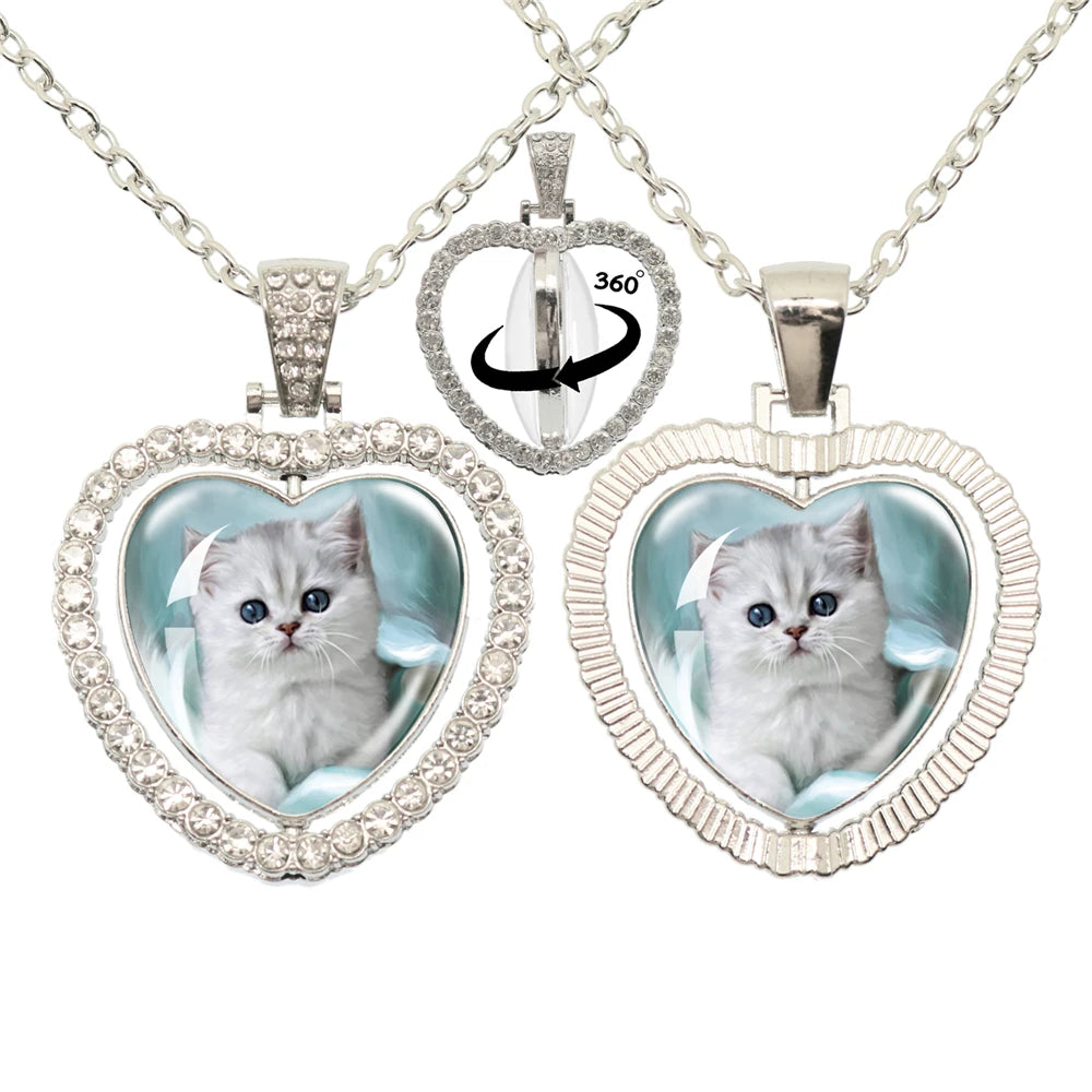 Lovely Little Cat Glass Cabochon 360 Degree Rotating Heart Shaped Pendant With Double-Sided Necklace For Girls' Birthday Gift Je
