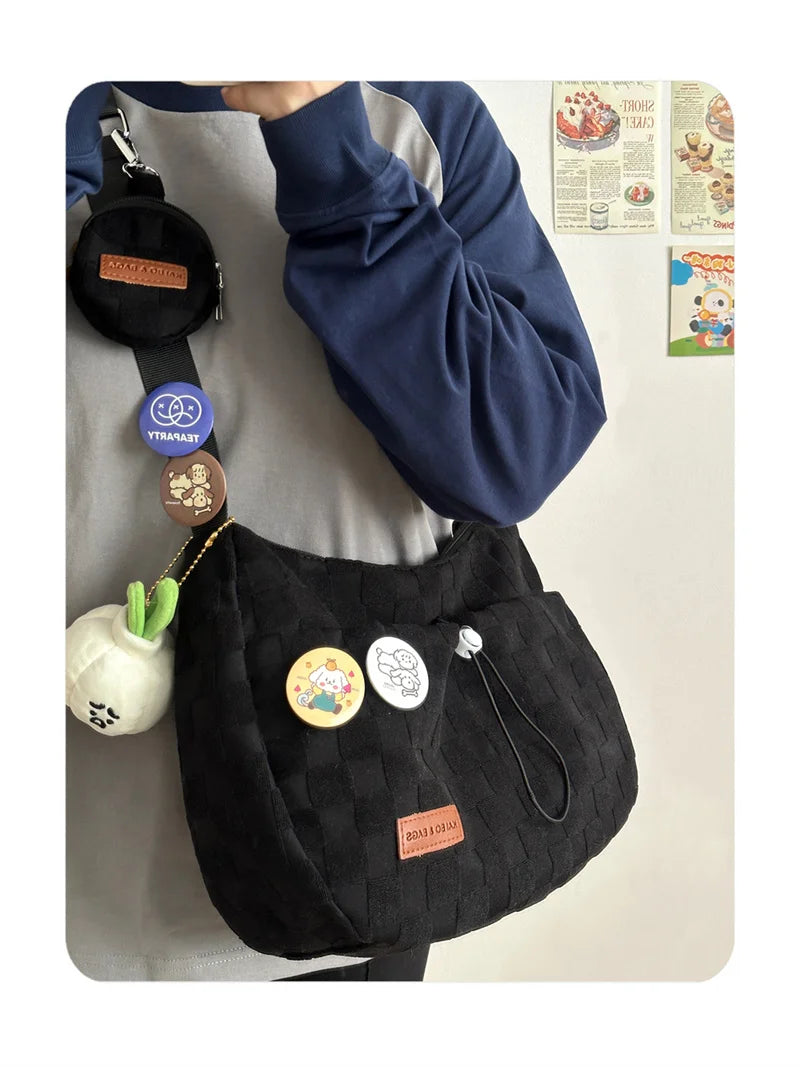 Xiuya Harajuku Style College Crossbody Bag Solid Color Plaid Print Large Capacity Shoulder Bag New Cute Fashion Designer Handbag
