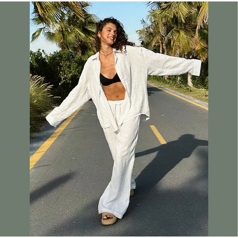 Women Classic Solid Wide Leg Pants Suits Summer Fashion V-neck One Button Loose Blouse Sets Casual Female Daily Streetwear 2025