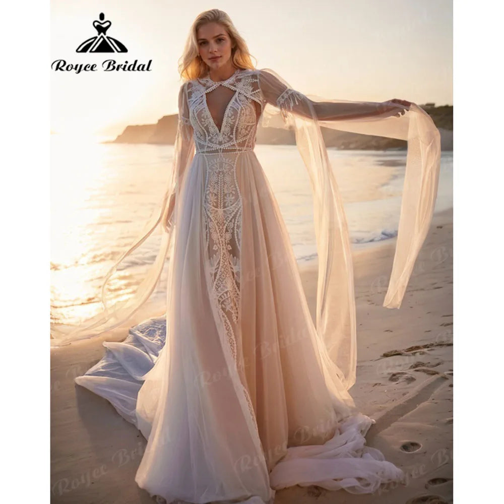 Hippie Flowy Lace Boho Bohemian Backless Wedding Dress with Cape 2025 Customzied Bridal Gown for Women robe mariée bohème Elopem