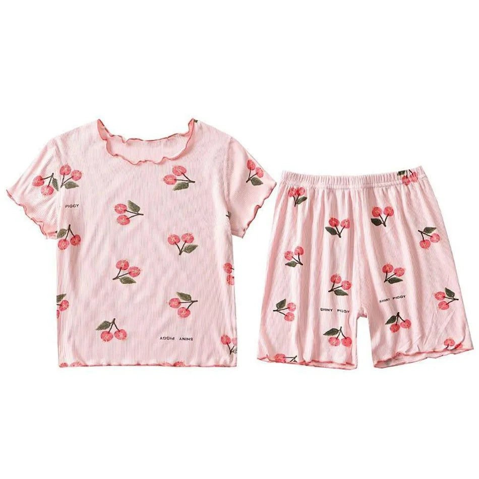 Girls Summer Pajama Set Cherry Blossom Print 4-Way Stretch Shorts & Tee Breathable Modal Blend for Bedtime and Playtime for 1-8Y