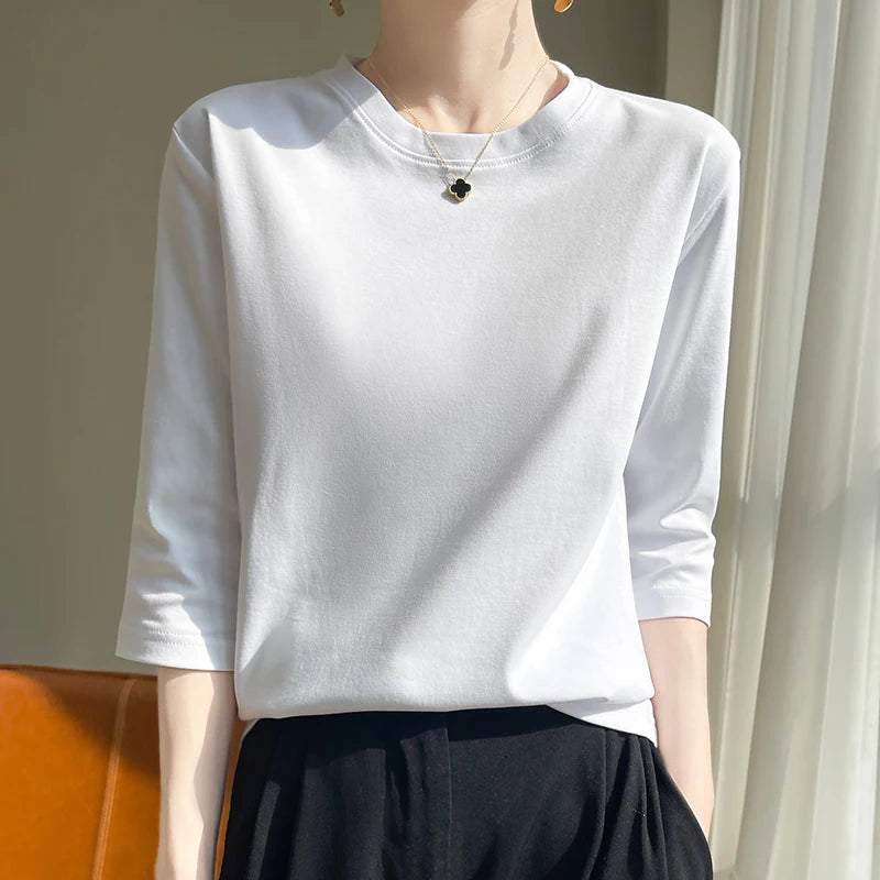 Spring And Summer New White Mercerized Cotton Short Sleeve T-Shirt Feminine Joker Cotton Cropped Sleeve Bottoming Shirt