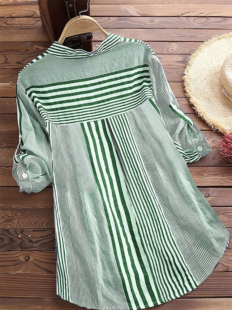 Women's Spring Fall Cotton Linen Long Sleeves Roll Up Striped Casual V Neck Button Down Shirts Blouses Collar Tunic Tops