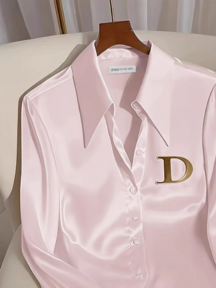 Elegant French Women's Pink/White Satin Shirt Turn-down Collar Long Sleeve Blouse Spring Autumn for Women Casual Office Lady New