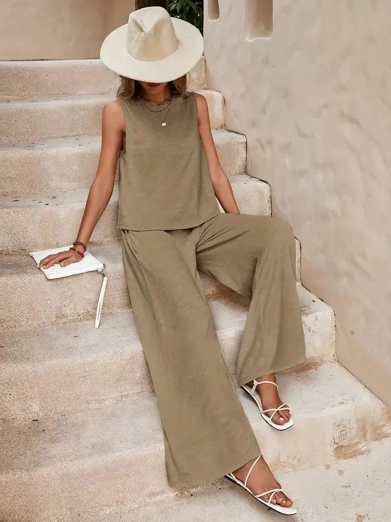 QX Womens Sleeveless Summer 2025 Pants Suit Flash Sale Solid Color Elegant Two Piece Round Neck Suit