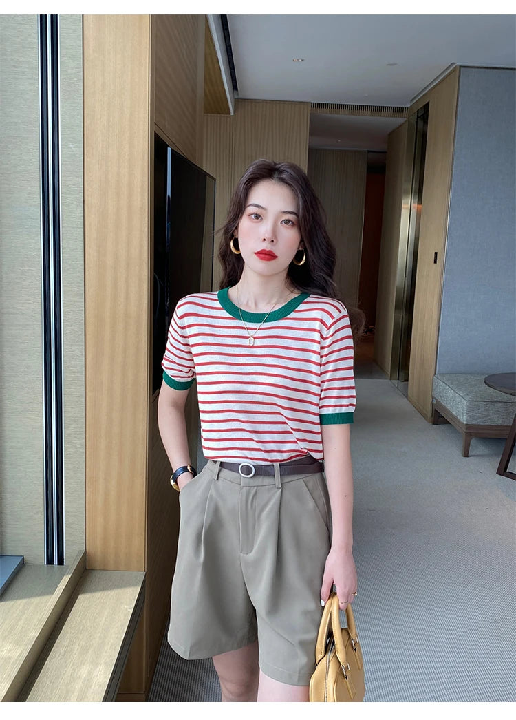 2025 Stripe Tops Women Knitted Round Collar Summer Print Short Sleeve Casual Simple Wild T-Shirt