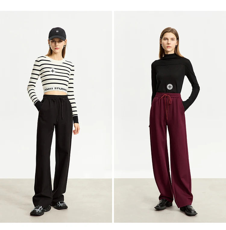 AMII Minimalism Casual Pants for Women 2025 Spring Wide Leg New Loose Vertical Elastic Waist Drawstring Sporty Trousers 12343338