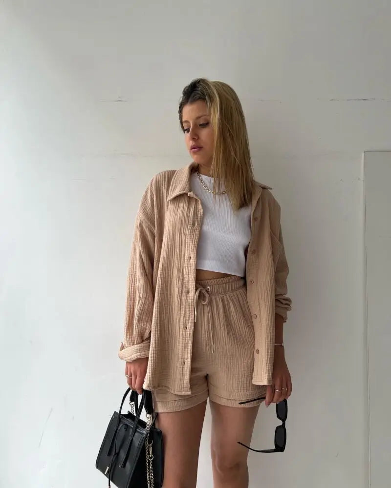 Solid Color Casual Loose Short Pants Sets For Women 2025 Elegant Summer Women's Two Pieces Suit Full Set Female Outfit Clothes