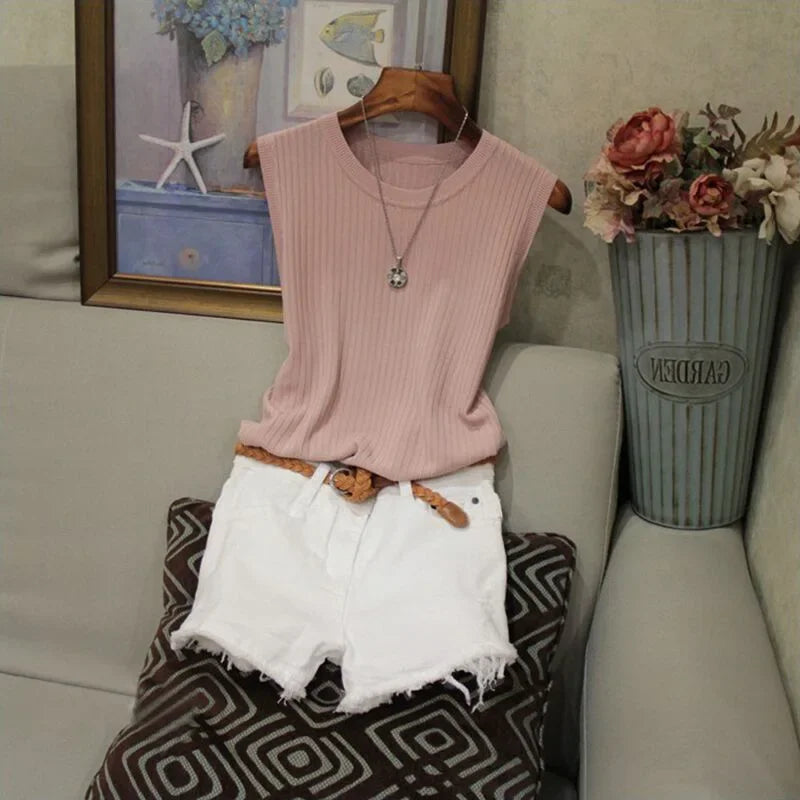 Korea Knitted Vests Women Top Summer Sleeveless Blouse Women O-neck Knitted Blouse Shirt Clothes Women Tops