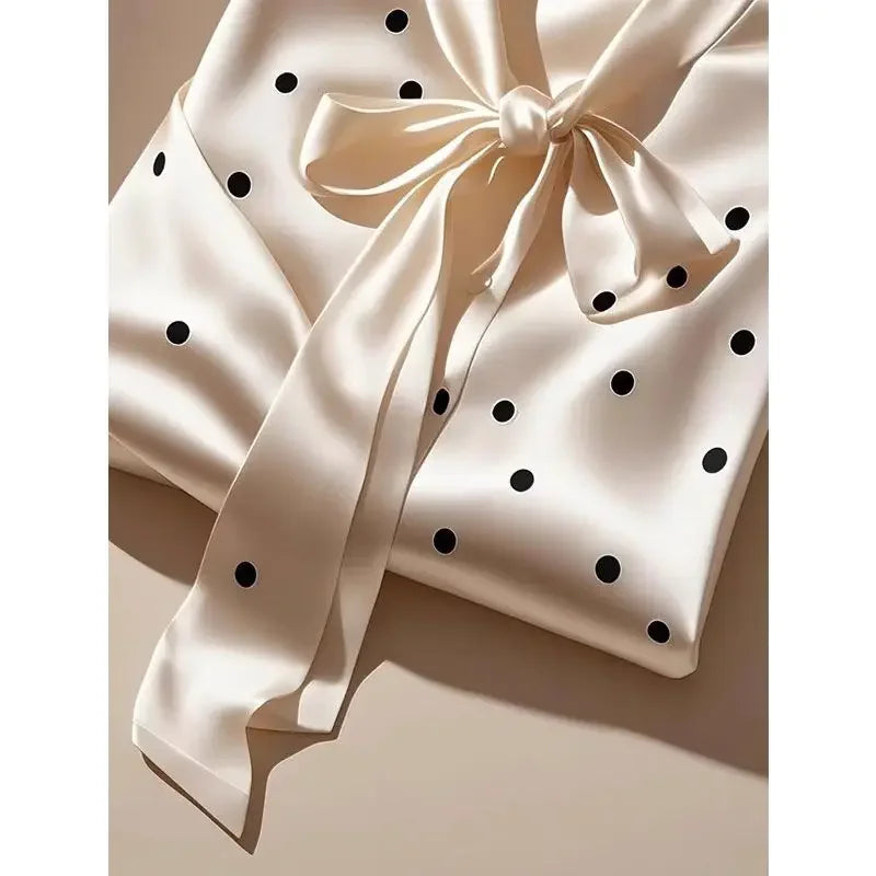 Women High Quality Satin Polka Dot Print Shirt Office Lady Business Casual Elegant Chic Blouse Lace-up Bow Long Sleeve Loose Top