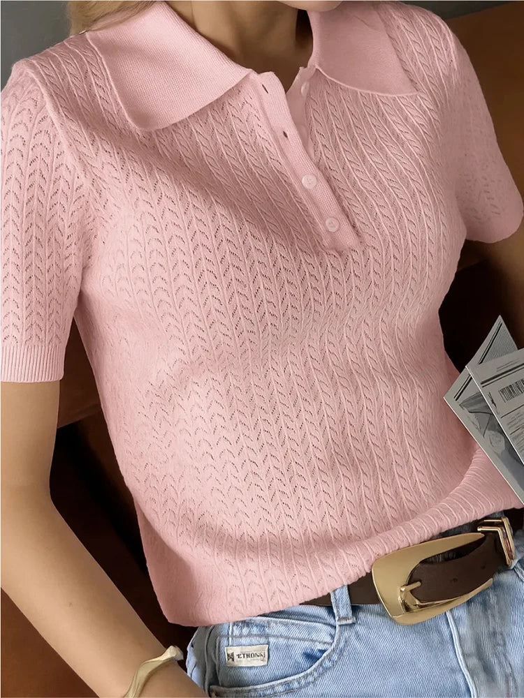 Tornova Short Sleeve Knitted T shirt Woman Summer Casual Loose Lapel Solid Ins Hot Tops Pullover Female Sweater T shirt Outwear
