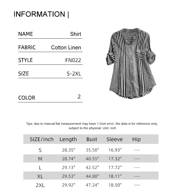 Women's Spring Fall Cotton Linen Long Sleeves Roll Up Striped Casual V Neck Button Down Shirts Blouses Collar Tunic Tops