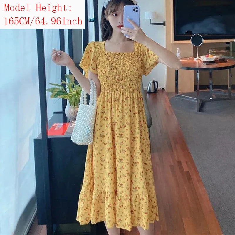 2025 New Spring Summer Dress Women Mini Dresses Female Short Sleeve Elastic Bust Printed Floral Pleated Backless Casual Dress