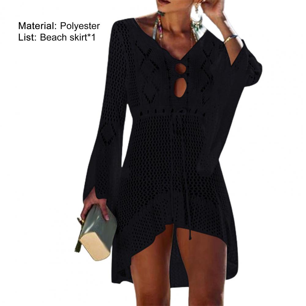 Sexy Women’s Bathing Suit Beach Cover Up Hollow Out Knitted Women Flared Sleeves Solid Color Beach Dress saida de praia