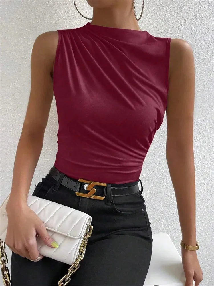Women's Casual Mock Neck Ruched Tank Top Summer 2024 Solid Color Slim Fit Pleated Sleeveless T Shirt Tee Tshirt Streetwear
