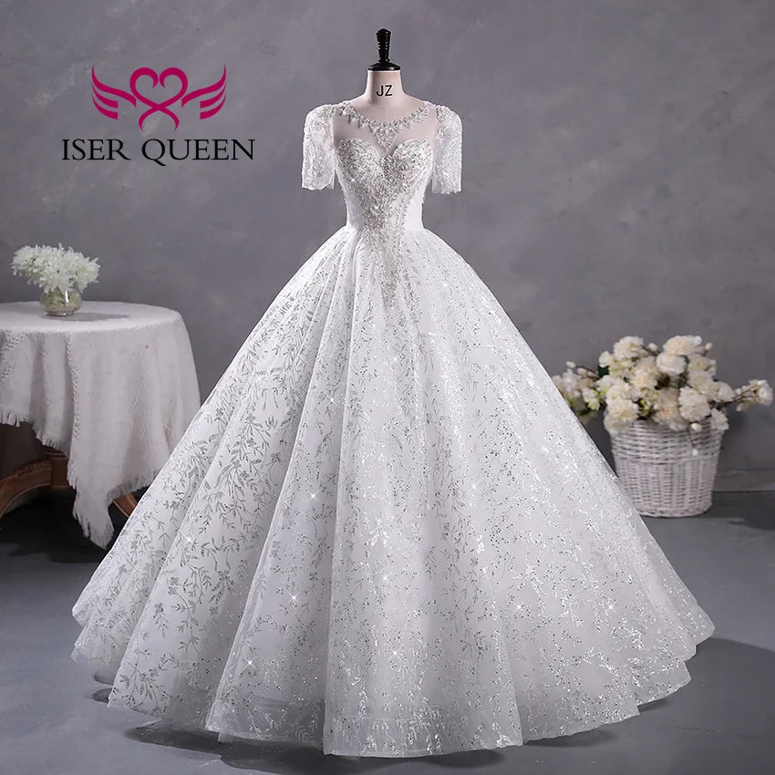 Customized Short Sleeves Sequin Tulle Wedding Dress For Woman 2025 Europe Fashion Wedding Party Dress Lace Appliques WX0397