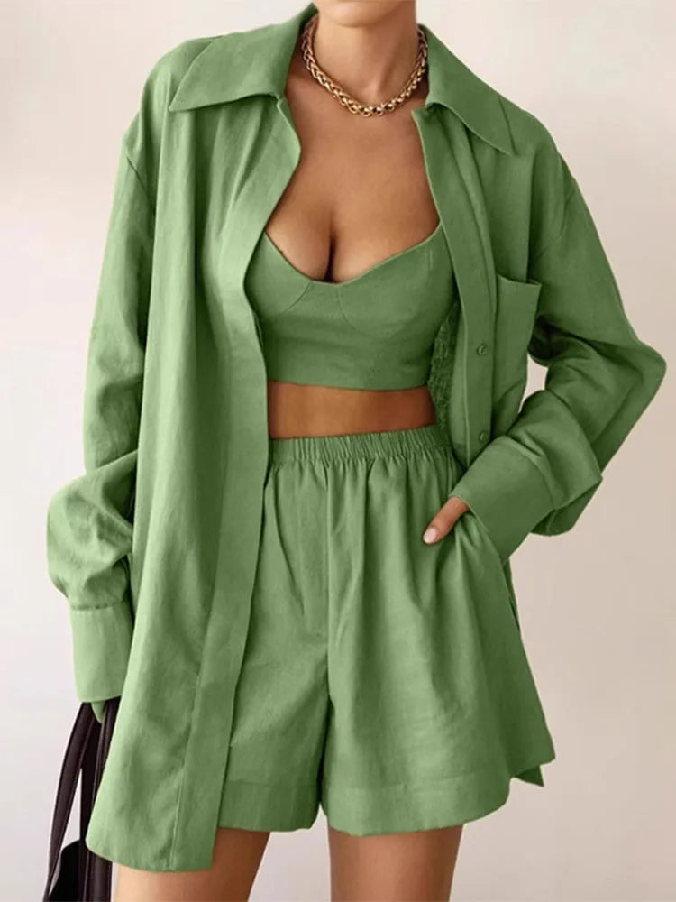 Women Elegant Stripes Cotton Linen Loose Shirt Shorts Suits Fashion Lapel Half Sleeves Elastic Waisted Shorts Summer Lady Outfit