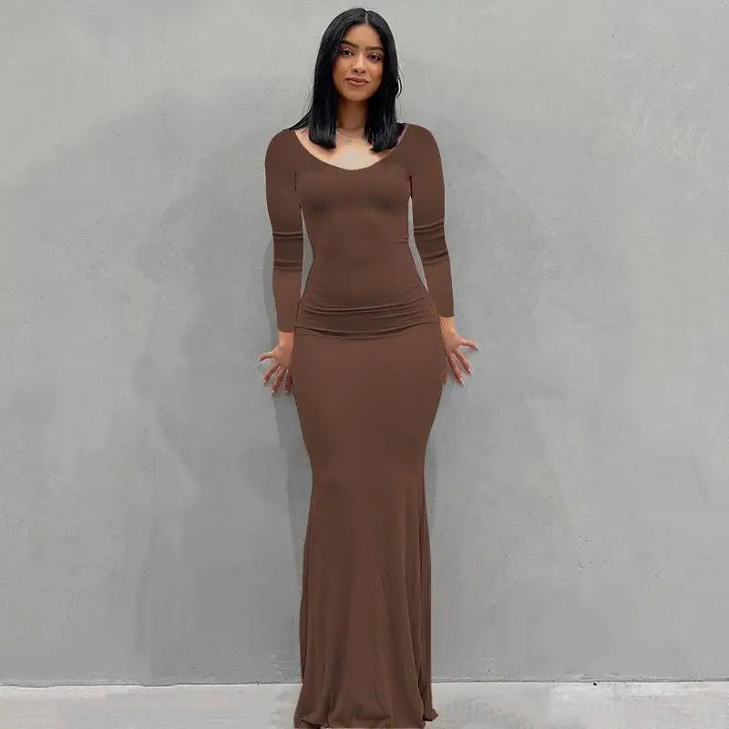 2025 Autumn Long Sleeve Dresses For Women Sexy V Neck Bodycon Solid Elegant Long Dress Y2k Skinny Trumpet Maxi Vestidos