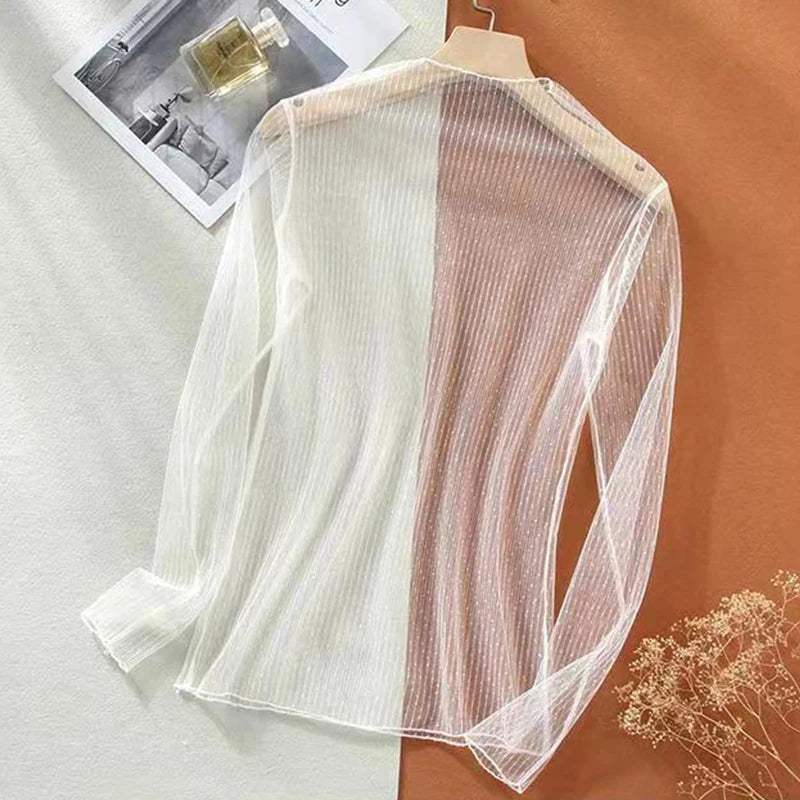 Sexy Women Mesh T-Shirts See-Through Perspective Tshirt Sunscreen Tops Long Sleeve Bottoming Shirts Club Party Black Tee Shirts