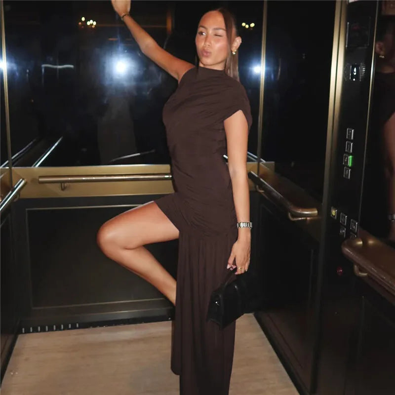 Balitops Summer Draped Ruched Sexy Mini Dress Women 2025 New Irregular High Waist Slim Fit Dress Female Elegant Club Tank Dress
