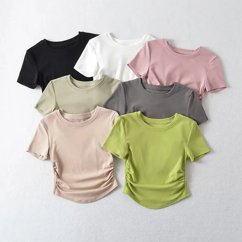2024 Harajuku Women Crew Neck Short Sleeve Cotton Tee With Ruched Sides Detail T-shirts