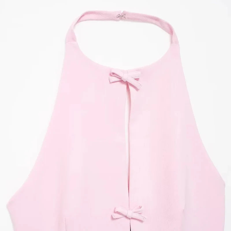 TRAF Bow Two Piece Set Backless Halter Women Top And Mid Waist Lady Skirt New In 2024 Summer Fashion Casual Office Lady Set