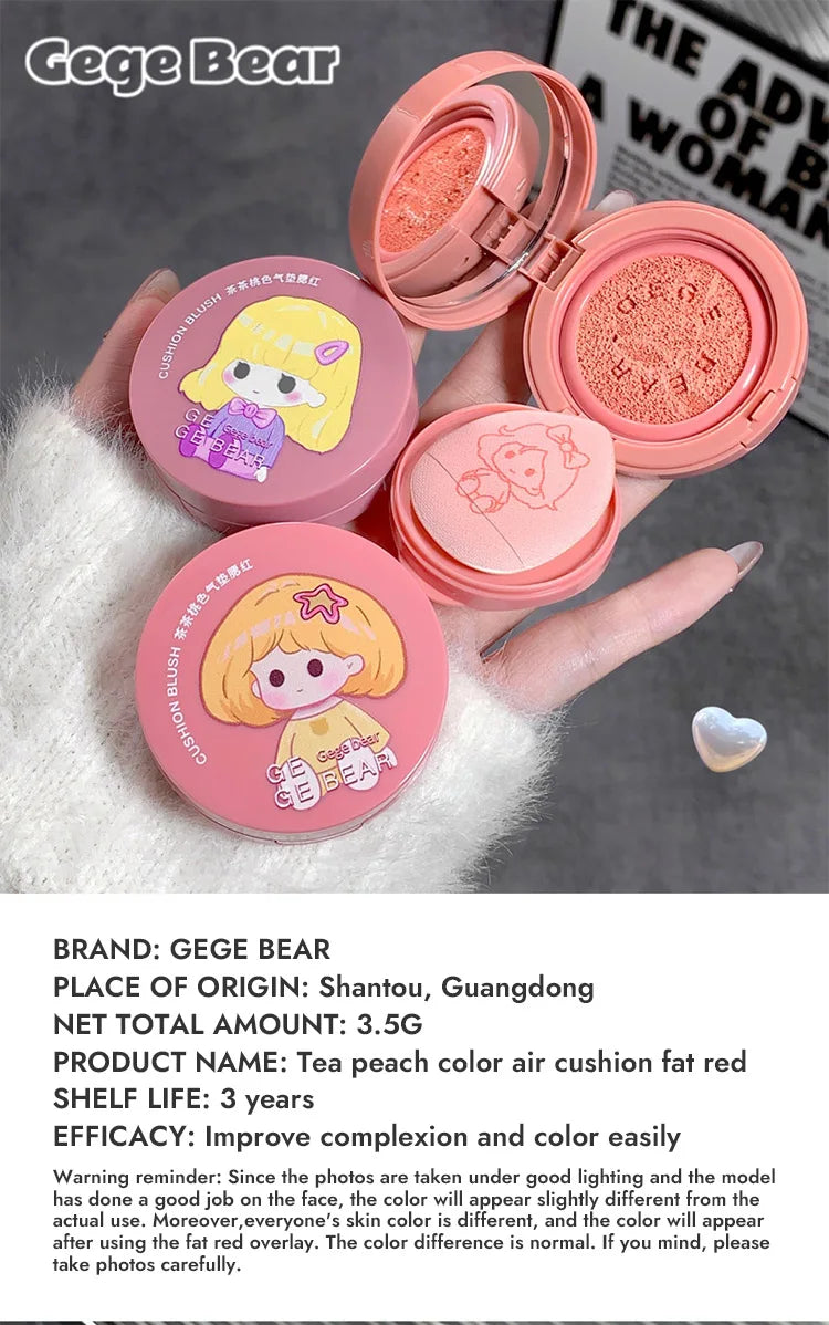 Cushion Blush Blendable Shade with Powder Puff Whitening without Sticking Long Lasting Gege Bear Makeup Blusher