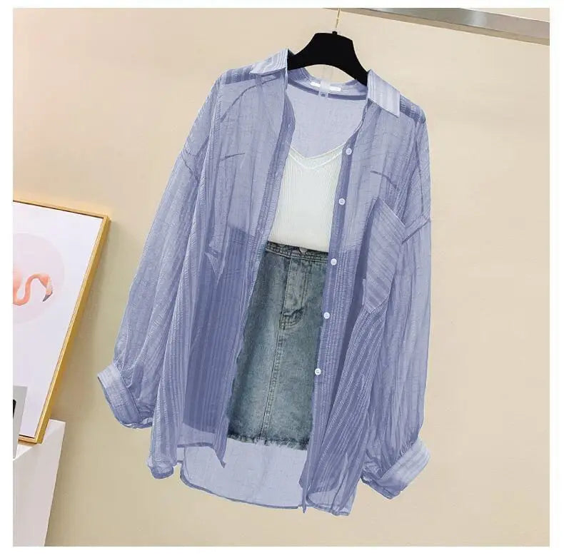 Summer sunscreen chiffon blouse Korean Harajuku style loose casual women's cardigan elegantly perforated top sheer fashionable
