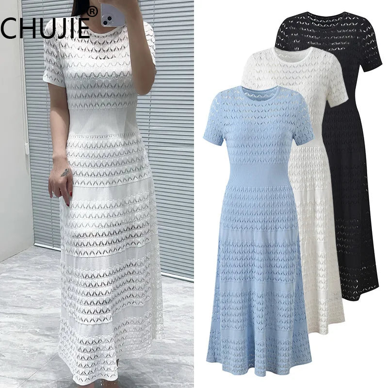 CHUJIE Women's 2025 Summer Lace Trim Dress Set - Round Neck Short Sleeve Midi Dress + Slip Dress 2 Piece Set (Rayon Nylon Blend)