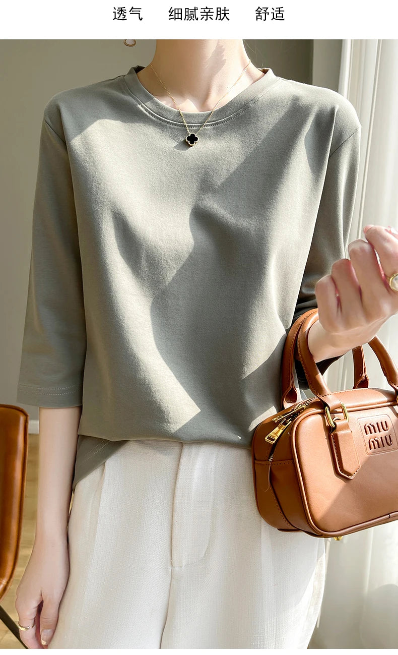 Spring And Summer New White Mercerized Cotton Short Sleeve T-Shirt Feminine Joker Cotton Cropped Sleeve Bottoming Shirt