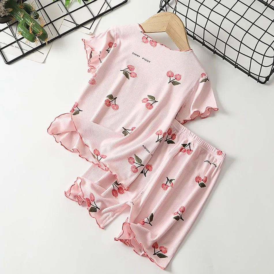 Girls Summer Pajama Set Cherry Blossom Print 4-Way Stretch Shorts & Tee Breathable Modal Blend for Bedtime and Playtime for 1-8Y