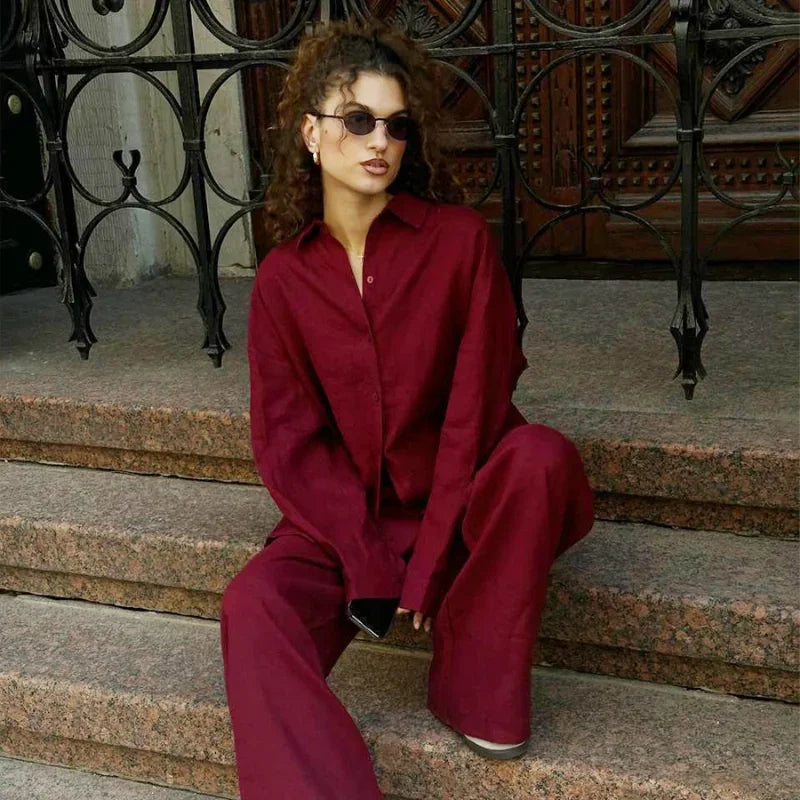 Classic Solid Shirt Pants Set Women Casual Loose Long Sleeved Lapel Elastic Waist Two Piece Suit 2025 New Summer Street Outfit