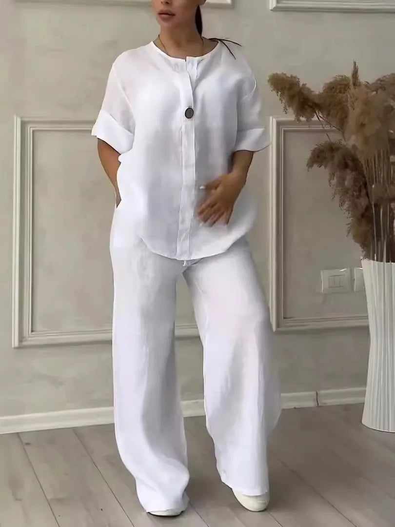 Cotton Linen Sets Two 2 Pieces Sale Casual Long Sleeve Button Loose Blouse Shirt&High Elastic Wide Leg Loose Pant Suits NMD-3021