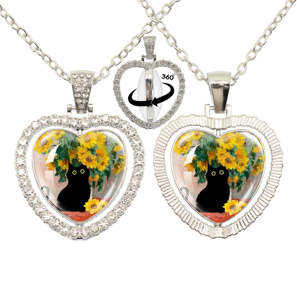 Lovely Little Cat Glass Cabochon 360 Degree Rotating Heart Shaped Pendant With Double-Sided Necklace For Girls' Birthday Gift Je