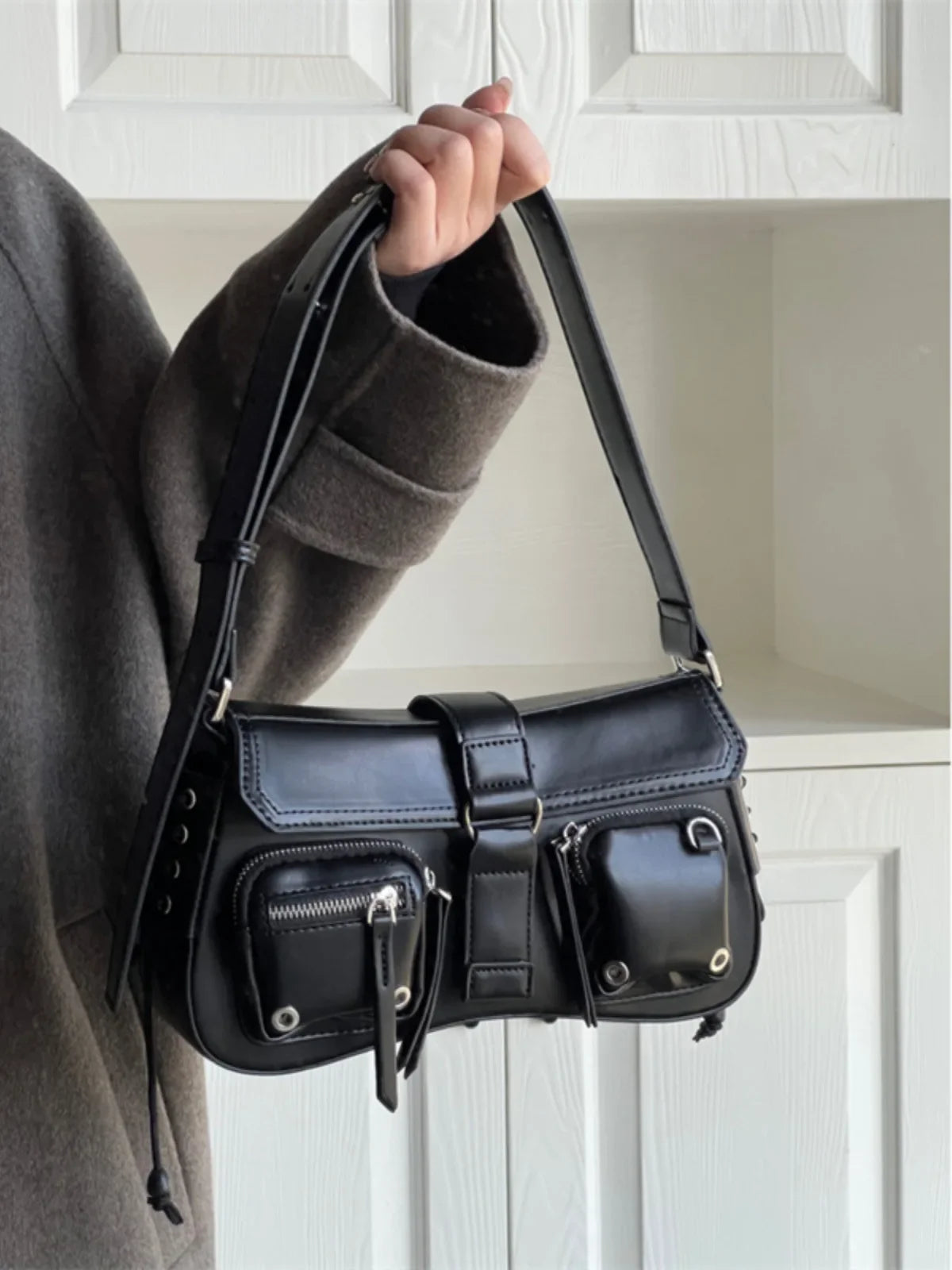 Y2K Korean Women Harajuku Vintage Gothic Black Hand Bag Aesthetic Elegant Punk Wallet Purse Handbags Shoulder Trend Tote Bags