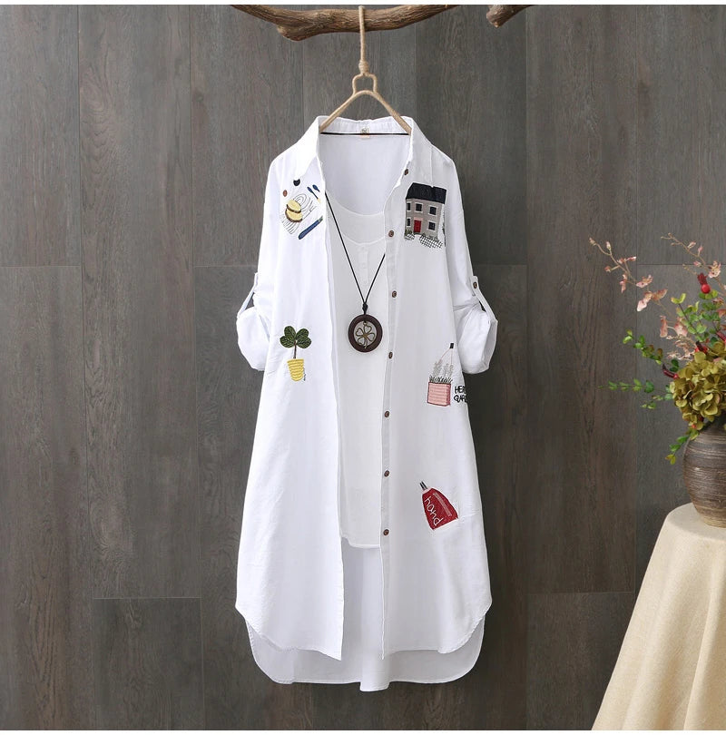 Women Cotton Embroidery Loose Long White Shirts 2025 Spring Autumn New Casual Office Lady Blouse Female Top Loose shirt