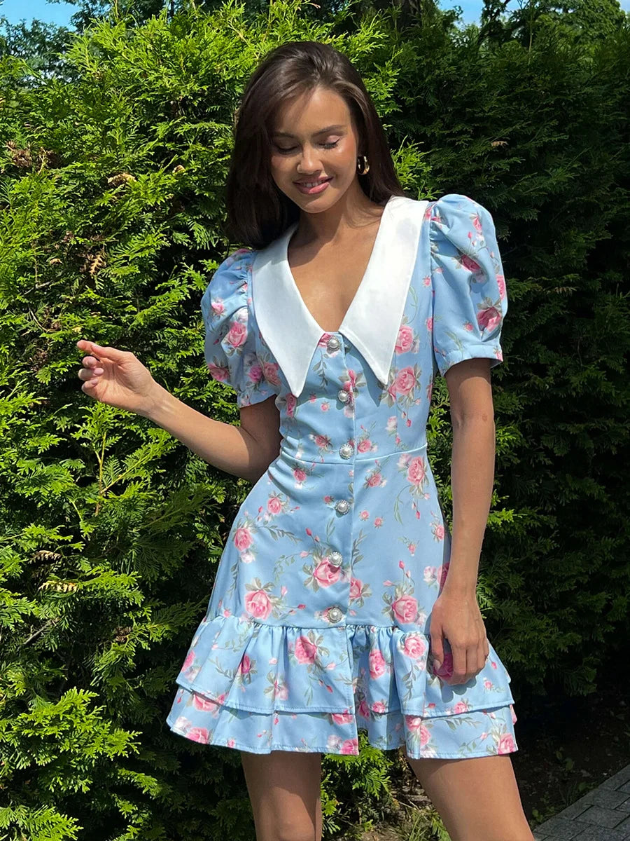Tornova Print Puff Sleeves Ruffled Dress Women's V-Neck High Waist Pearl Buttons Mini Dress Female Casual Vacation Fashion Dress